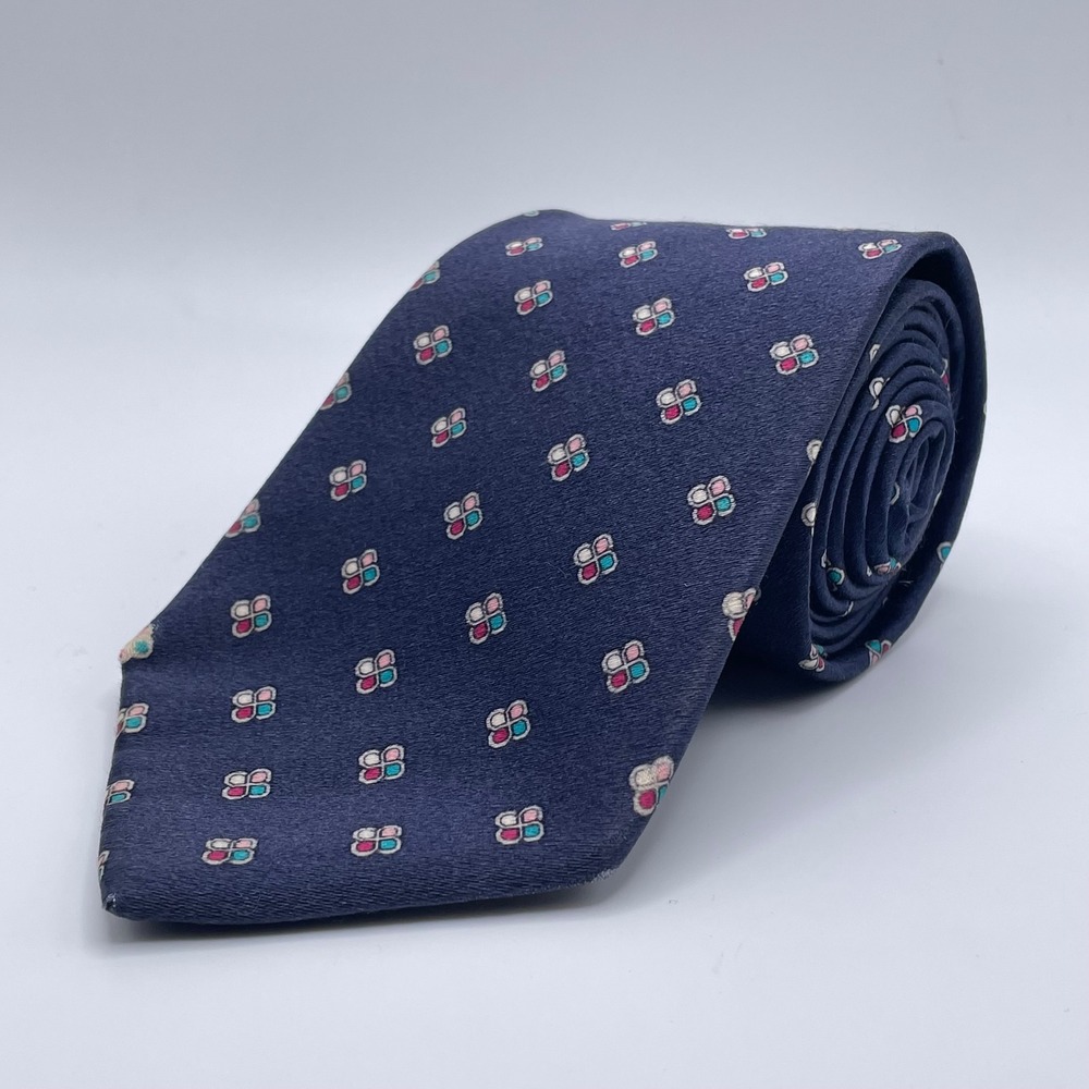Christian Dior Silk Tie Geometric Flower Pattern Woven Italy Navy 3.75"W READ